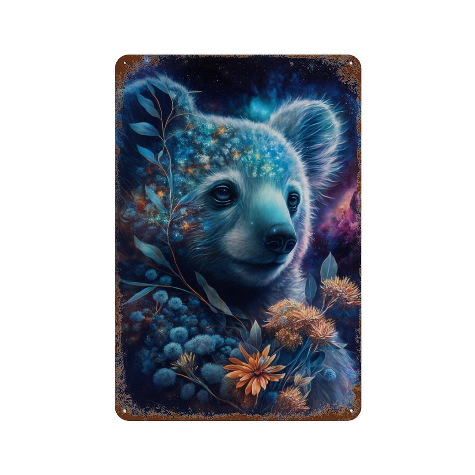 Cosmic Koala with Flowers-4 11.8"x7.9" Retro Metal Sign, Vintage Wall Decor for Garage, Bar And Workshop Decor