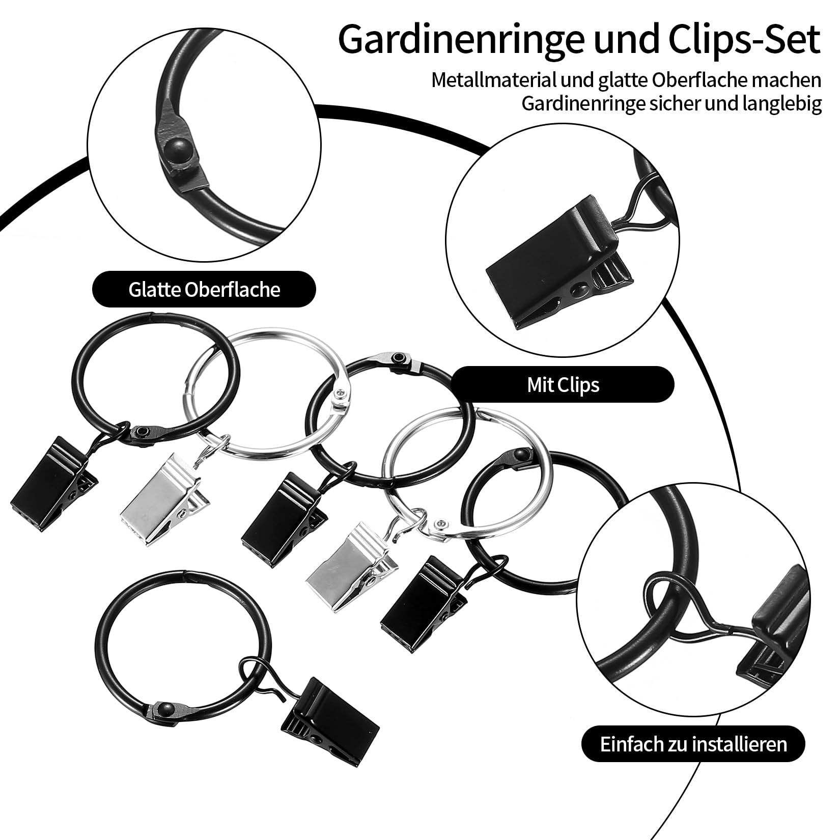 Caianwin 20 stuks gordijnringen met clips, metalen gordijnringen om te openen, 32 mm binnendiameter, gordijnringen, haken voor stang, douchegordijn (zwart