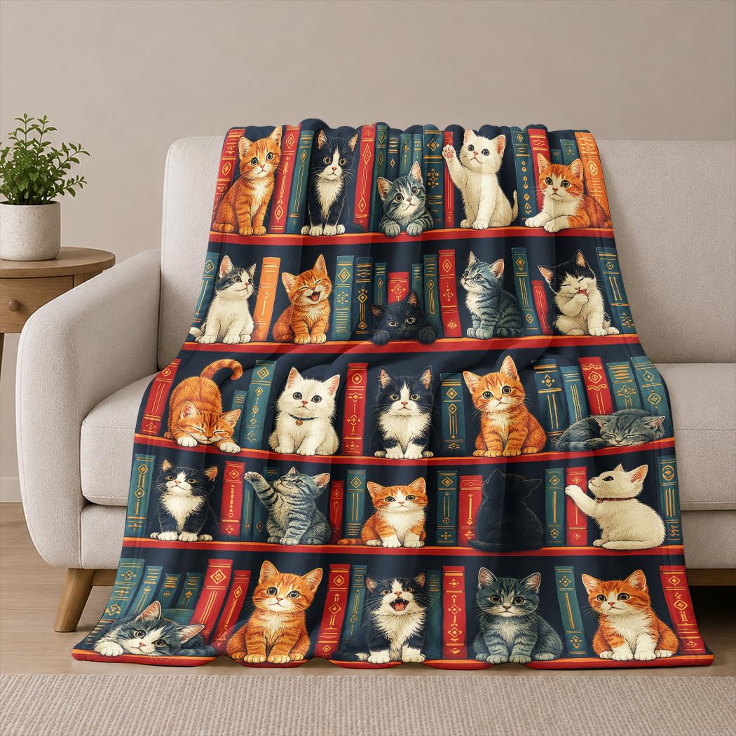 Zomer Morbida coperta in flanella, 150 x 200 cm, stile vintage, libreria, motivo gatti, morbida coperta da lettura, per amanti dei libri, per compleanno, Natale