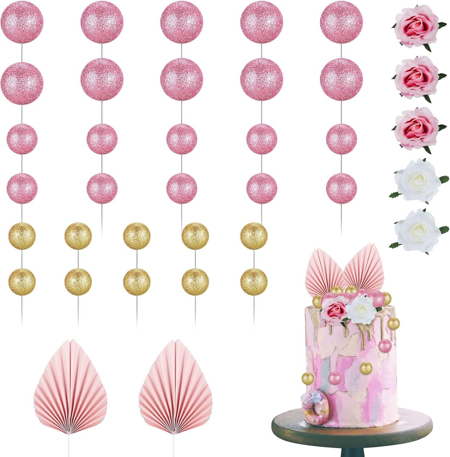 HeyuLotus 37 PCS Cake Decorations, Balloon Cake Topper Paper Palm Cake