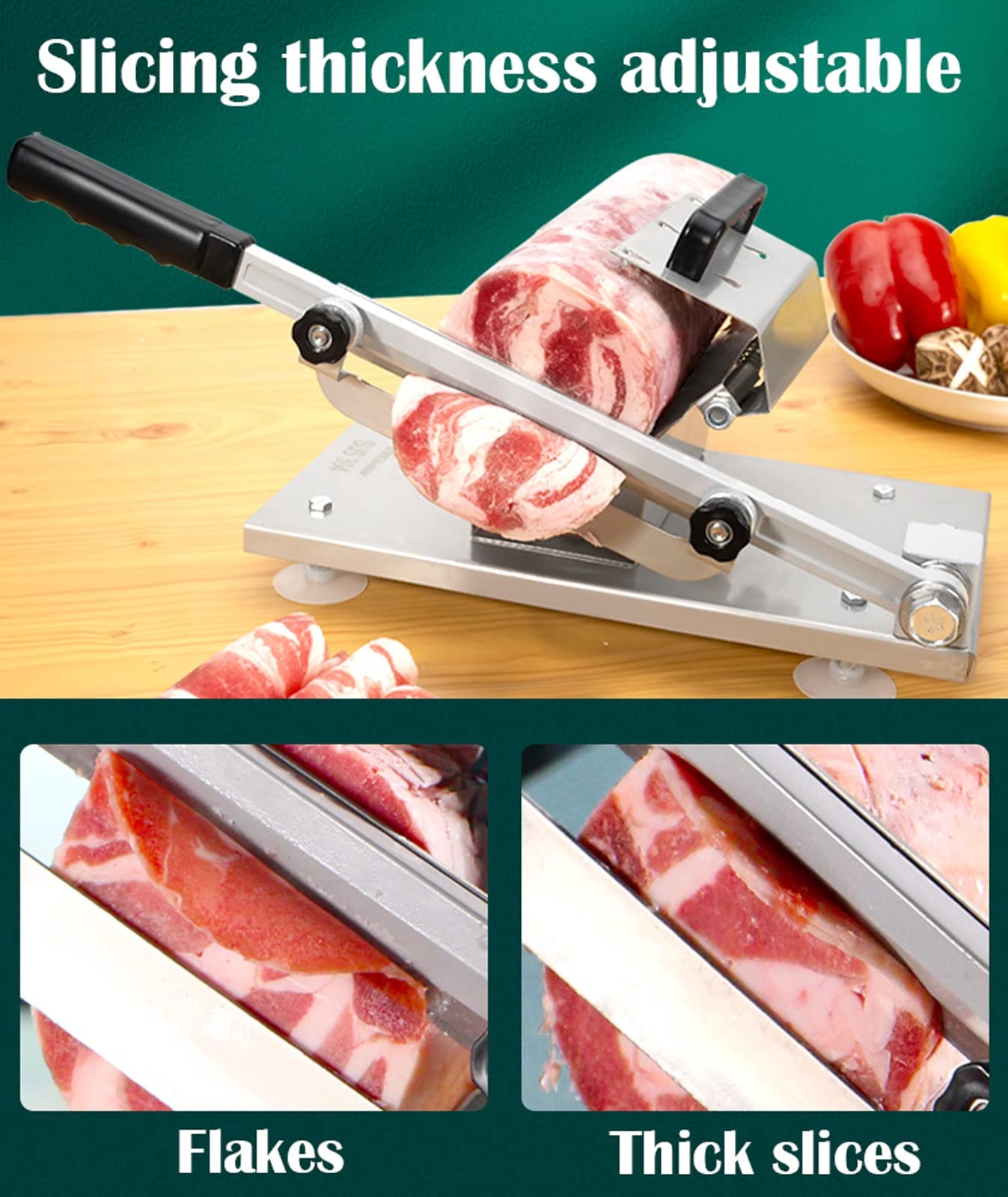 Cortafiambres Manual, Cortadora para Carne Congelada Vegetales y Frutas, Rebanadora de Carne de Acero Inoxidable con Entrega de Carne Asistida por Primavera, Grosor de la Rebanada: 0,25-10MM