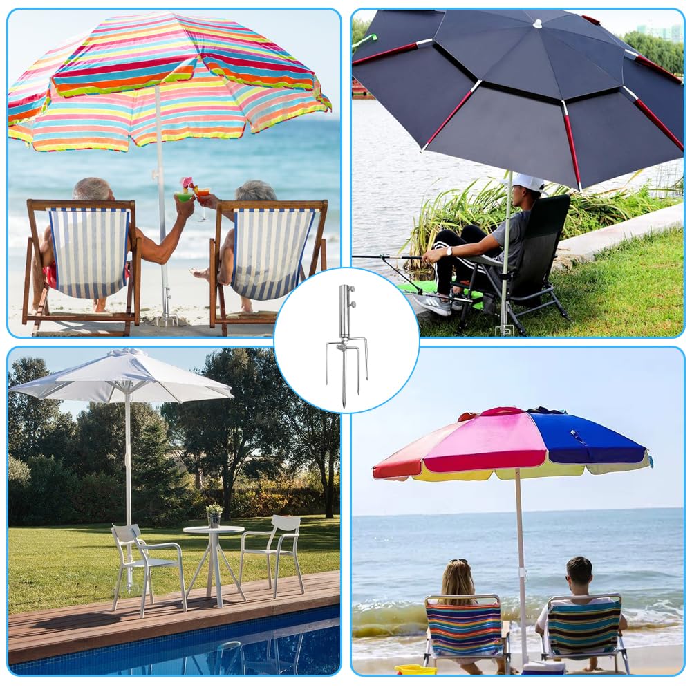 Regulowany stojak na parasol plażowy z kotwicą uziemiającą, zdejmowana podstawa ze stali nierdzewnej do ogrodu, 4-narożny haczyk, idealny do wędkowania, na kemping i do użytku na zewnątrz