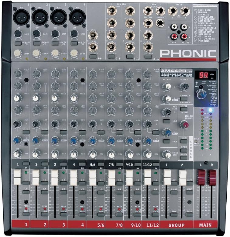 Phonic AM442D USB 4-Mic/Line 4-Stereo 2 Group Mixer with DFX and USB Interface; 3-band EQ with Swept Mid-range Plus Low Cut on Each Mono Channel; 2 Aux Sends, Aux 1 with Pre/Post Switch