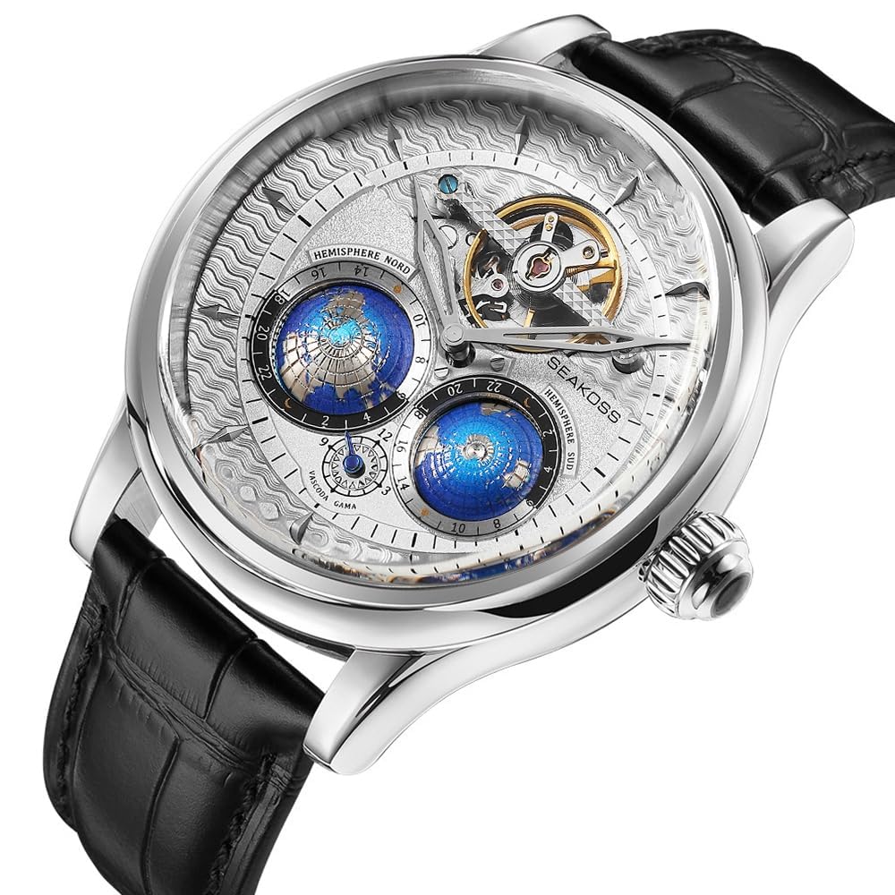 SEAKOSS Luxuriöse automatische mechanische Uhr für Herren, 47 mm Skelett-Armbanduhr mit doppeltem Halbkugel-Zifferblatt, selbstaufziehendes Uhrwerk, echtes Lederband, 5 ATM wasserdicht