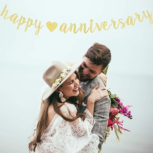 Miniatura 7 de LINGTEER Cartel de corazón con purpurina dorada de feliz aniversario, perfecto para decoraciones de fiesta de aniversario de boda.