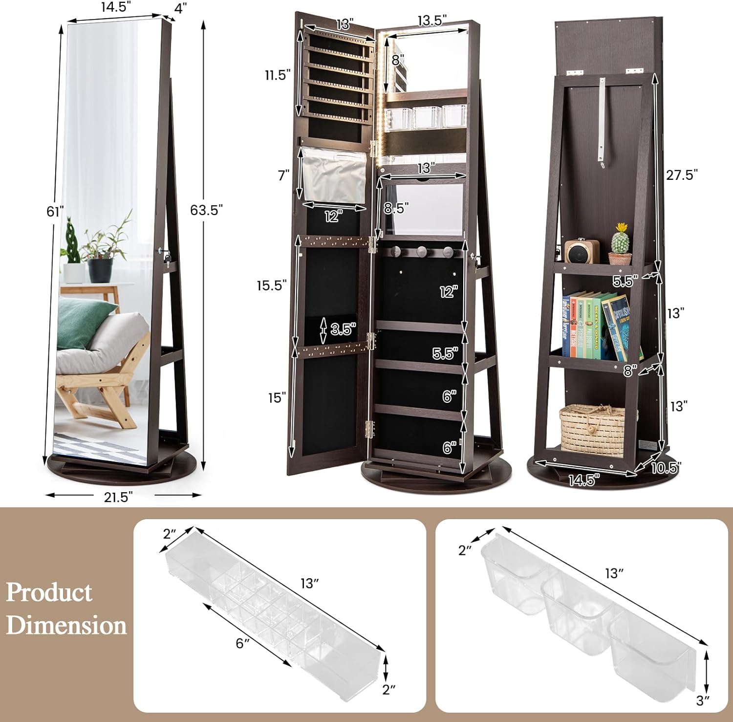 LOKO 360° Swivel Jewelry Cabinet, Lockable Jewelry Organizer with Rear Storage Shelves, Standing Jewelry Armoire with Full-Length Mirror & 3-Color LED Lights, for Girls Women, Bedroom (Espresso)