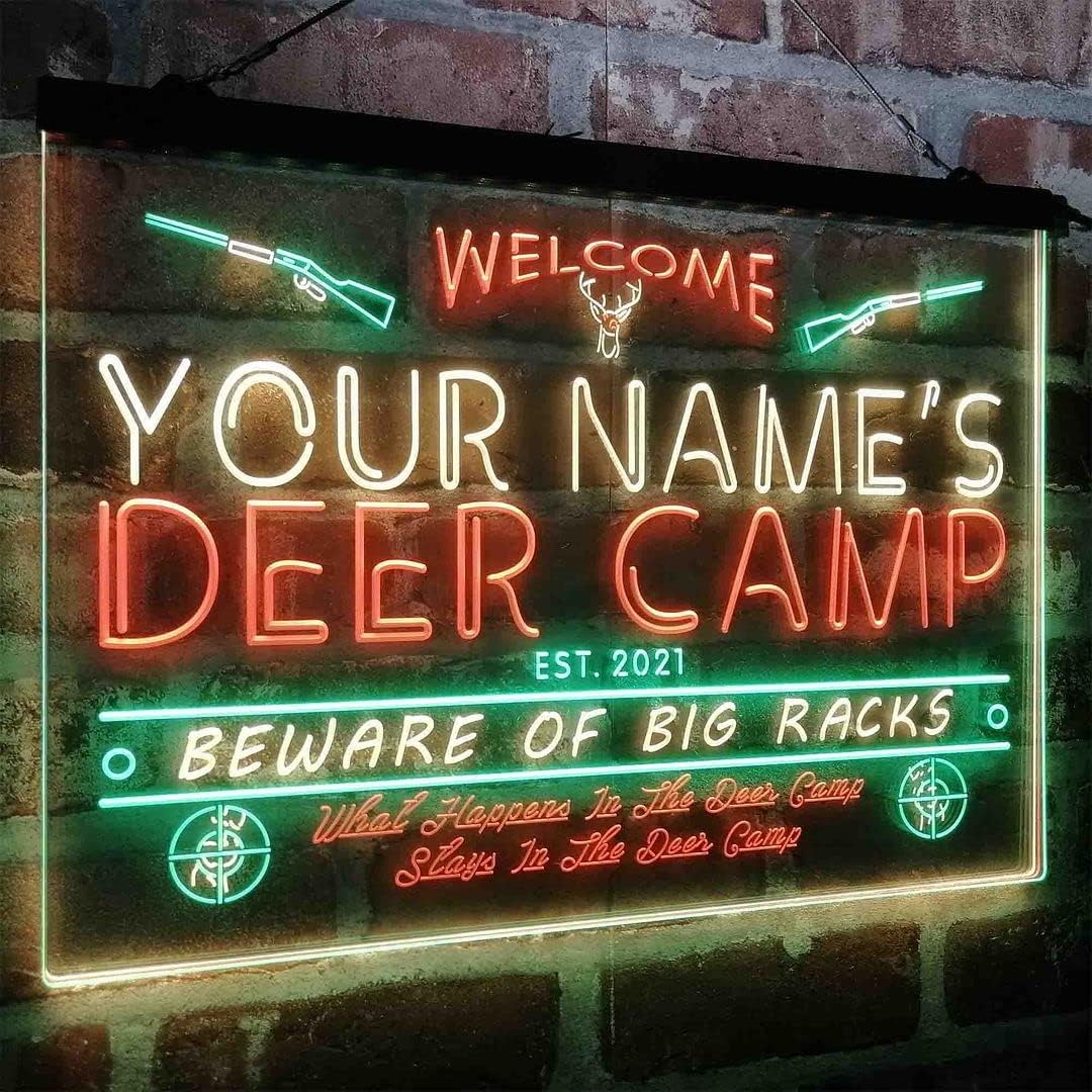 Personalized Deer Hunter Cabin Tri-Color LED Neon Light Sign Customize Name Date Text Quote Font Green & Red & Yellow 17.7 x 13.6 Inches st9s43-tu1-tm-gry