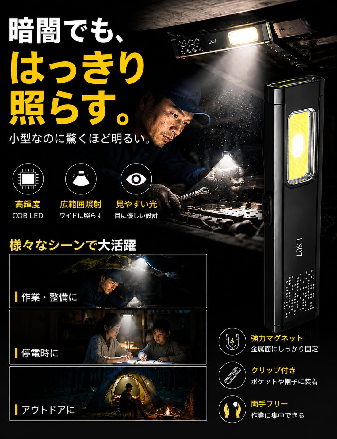 Amazon.co.jp: 懐中電灯 磁石式作業灯【2026最新の最新型