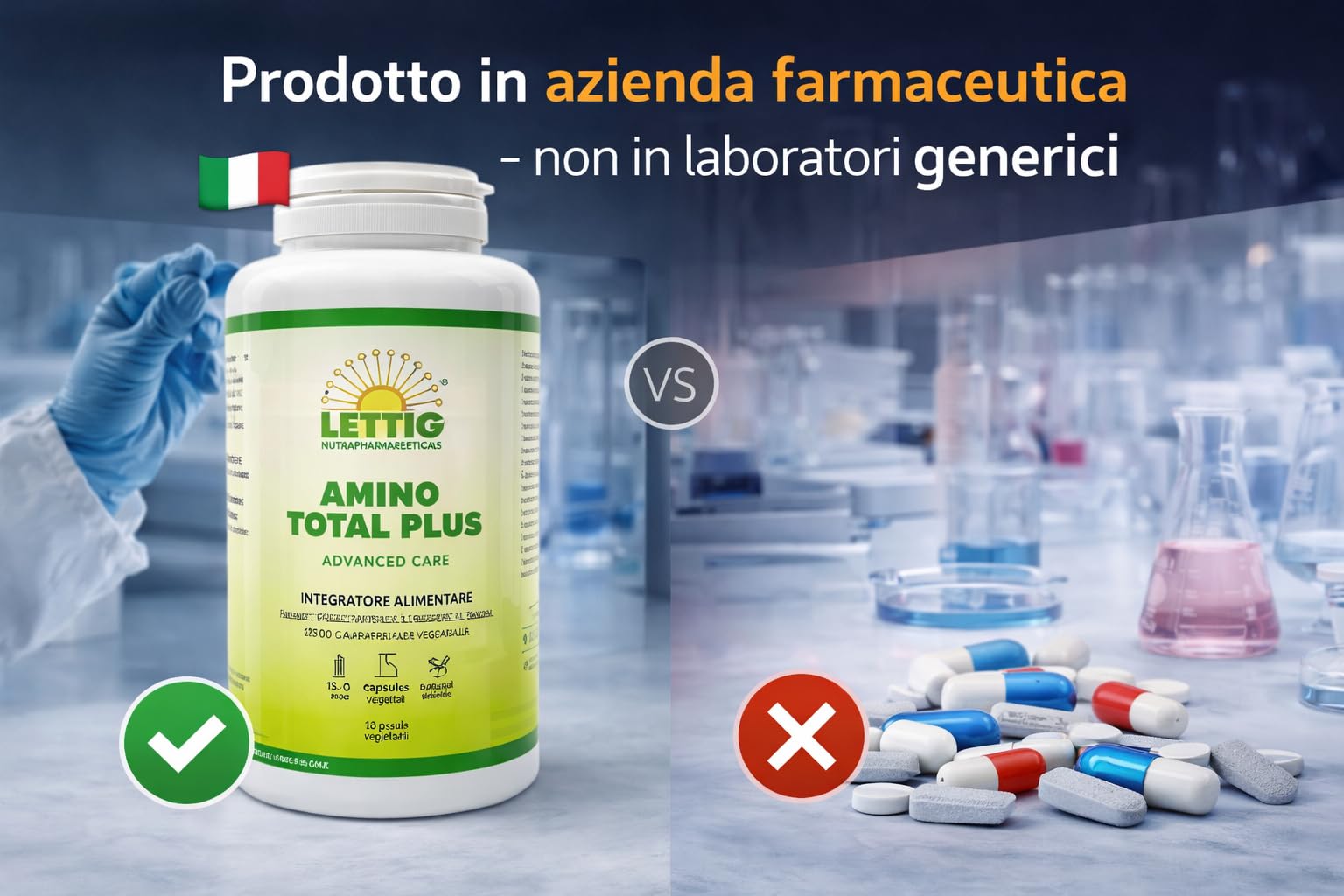 AMINO TOTAL PLUS – Integratore di Aminoacidi Essenziali | 100% Naturale | Prodotto in Azienda Farmaceutica Italiana | Standard GMP | Con GABA, Quercetina, Vitamina C e D3 – 120 Compresse