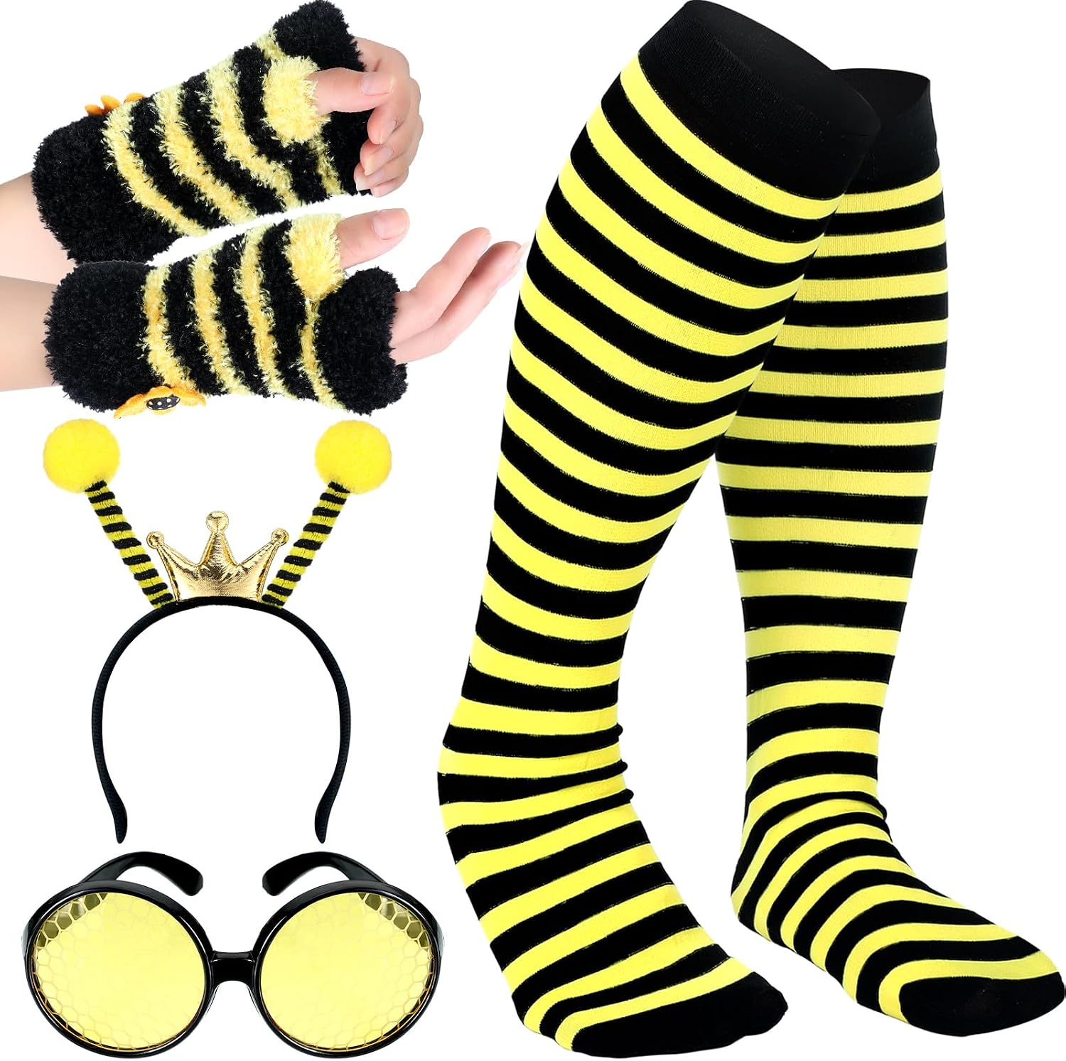 Patelai 4 Pcs Halloween Bee Costume Accessories Kit for Women Bee Antenna Headband Sun Glasses Striped Leg Warmers Knee Thigh High Stocking Long Gloves for Women Halloween Cosplay