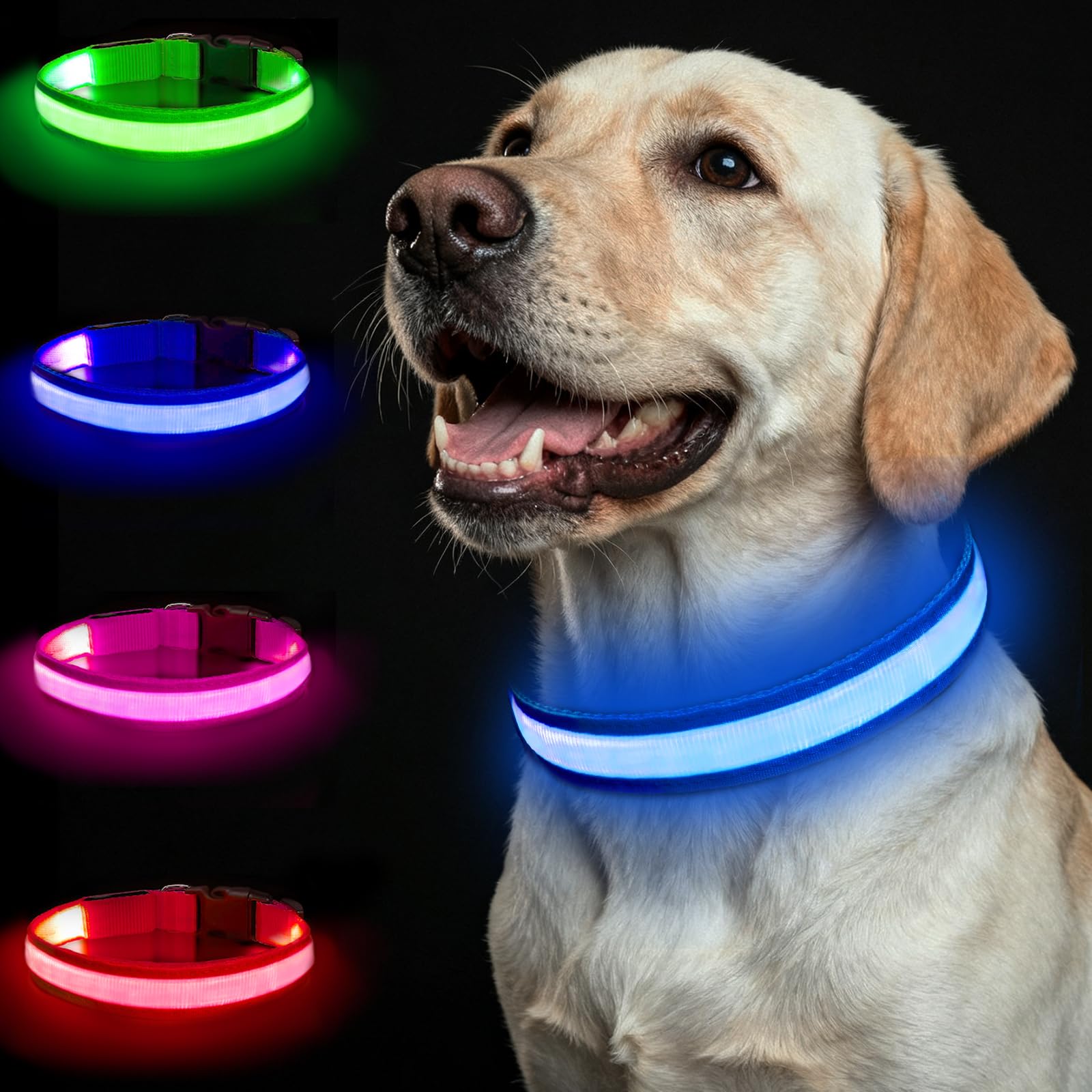 Nepfaivy Light Up Dog Collar - Flashing Dog Collar Lights for The Dark, Rechargeable LED Collars with 3 Glow Modes for Small Medium and Large Dogs (Blue-M)
