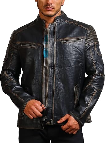 Amazon.com: Moto - Chaqueta de piel acolchada vintage para hombre, color  negro : Ropa, Zapatos y Joyería