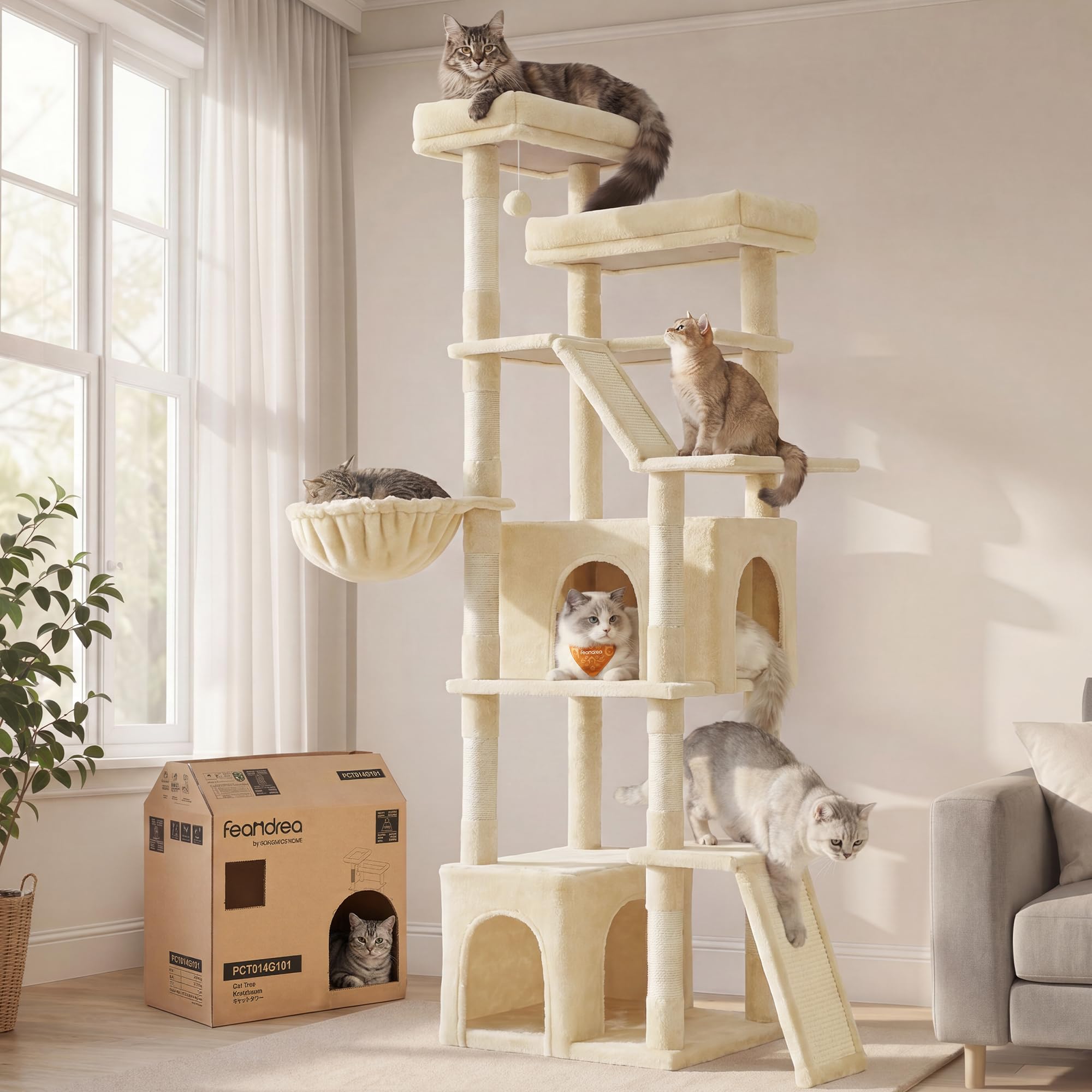 Feandrea Kratzbaum groß, 184,5 cm hoch, Katzenbaum, Katzenkratzbaum, mit 7 Kratzsäulen, 2 Kratzbrettern, 2 große liegefläche, 2 Höhlen, Hängematte, Plüsch, beige PCT014Y101