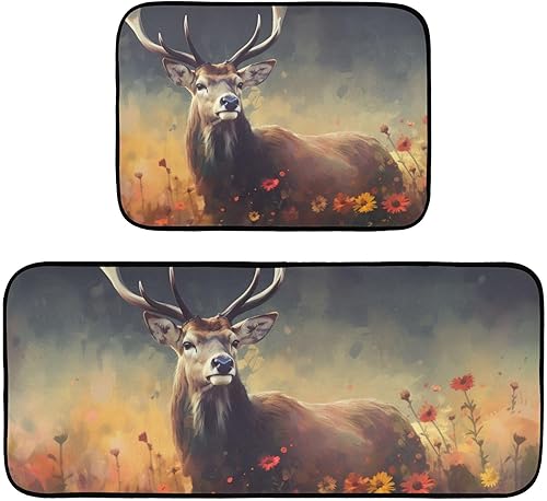 Deer Field Flowers Kitchen Mat 2 Pcs Set, Low Pile Kitchen Rugs Cushioned Water Absorbent Washable Floor Mats for Kitchen Sink Laundry Room disponible en Yaxa Venezuela