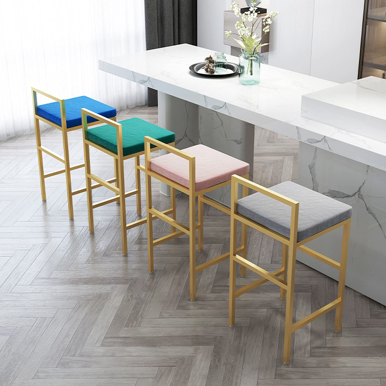 Tabouret de bar avec assise en velours et repose-pieds en métal noir pour cuisine, bar, pub, bistrot – Hauteur assise 75 cm