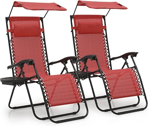 MoNiBloom Juego de 2 sillas Zero Gravity con toldo y toldo reclinable plegable antigravedad, tumbona plegable para exteriores con bandeja