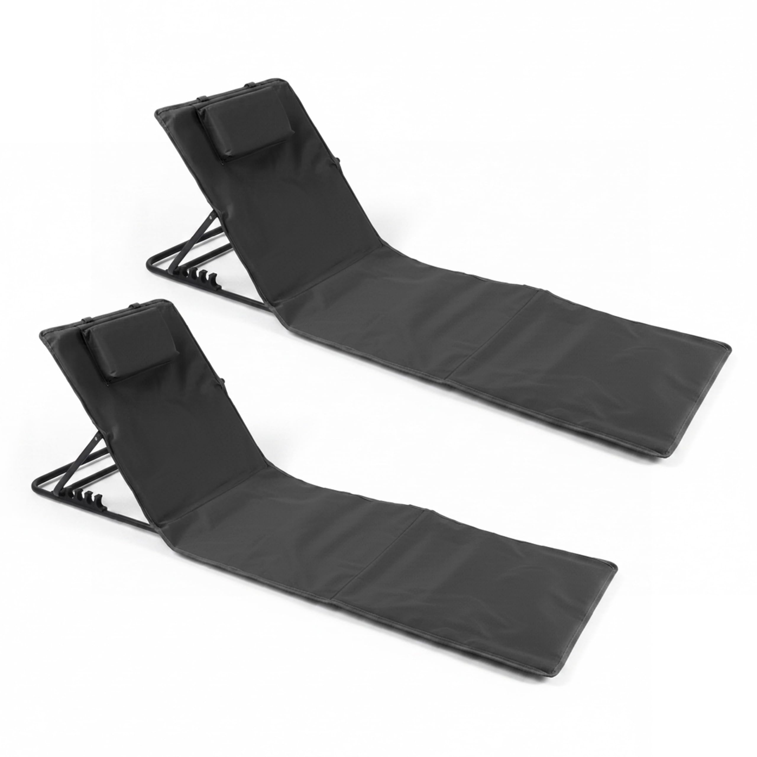 Baroni Home Set de 2 Chaises Longues Pliables de Plage avec Coussin Rembourré, Dossier Inclinable, Poche de Rangement, Transat Portable pour Mer, Piscine, Camping, 48x150x52 cm Noir