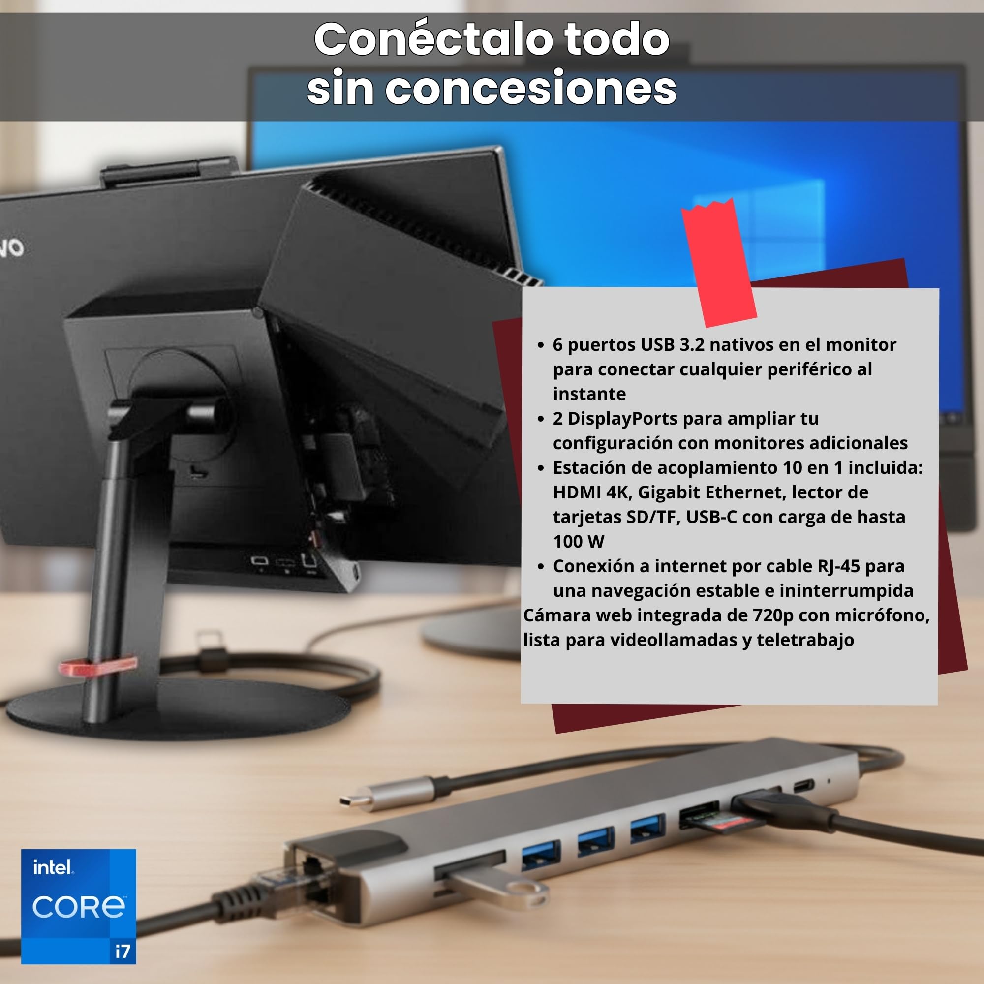 Lenovo All in One ThinkCentre TIO24 24 Pulgadas Full HD | Intel Core i7 | 16 GB | 512GB SSD | DOKING Station 10 en 1 Webcam Win 11 Pro 36 Meses de garantía (reacondicionado con (Kit de Teclado y