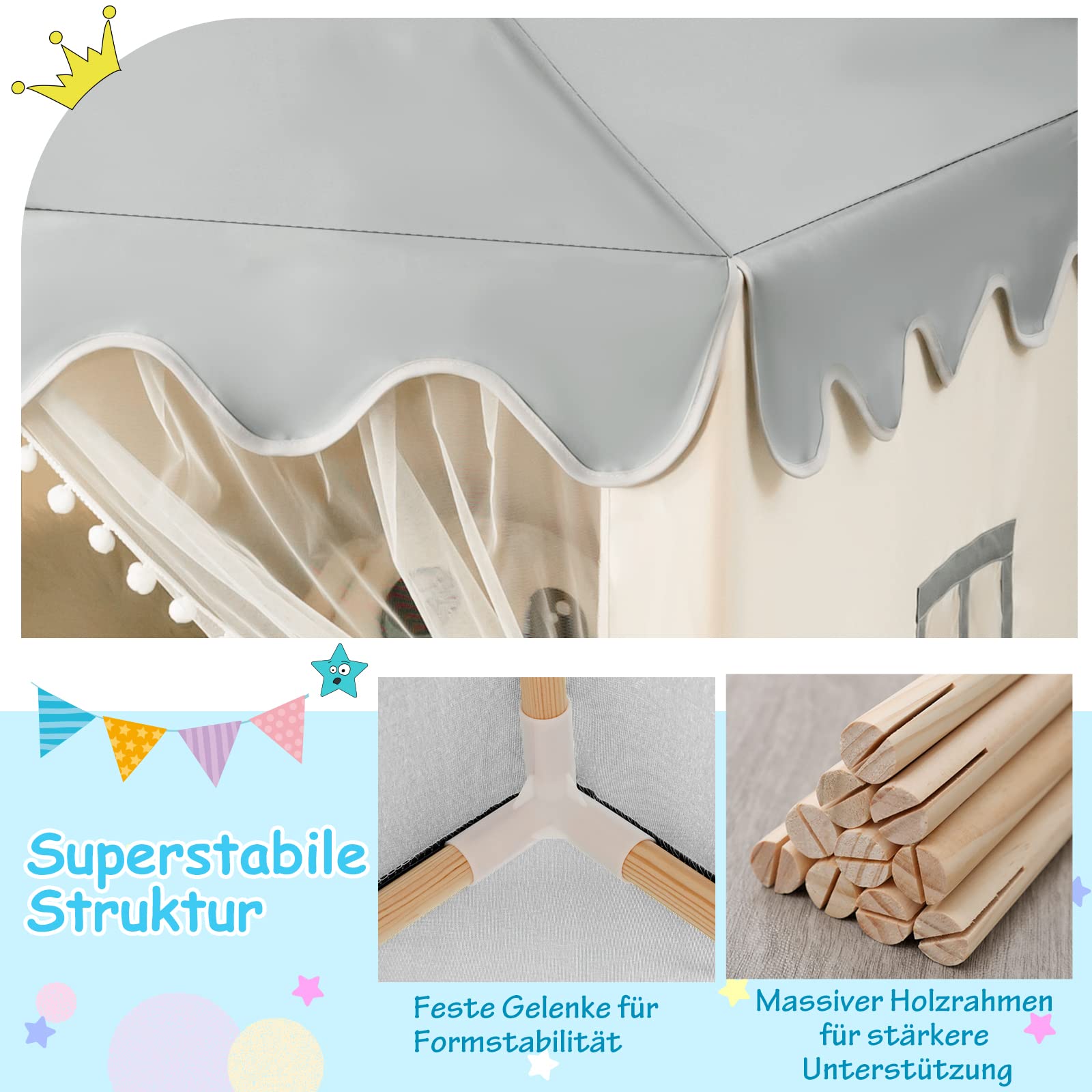 COSTWAY Kinderzelt Indoor, Kinderspielhaus für Jungen Mädchen Prinzess Prinzessin, Kinderspielzelt mit Massivholzrahmen & Baumwolldecke, Kinder Spielhaus für Drinnen, 120x105x140cm (Beige+Grau)