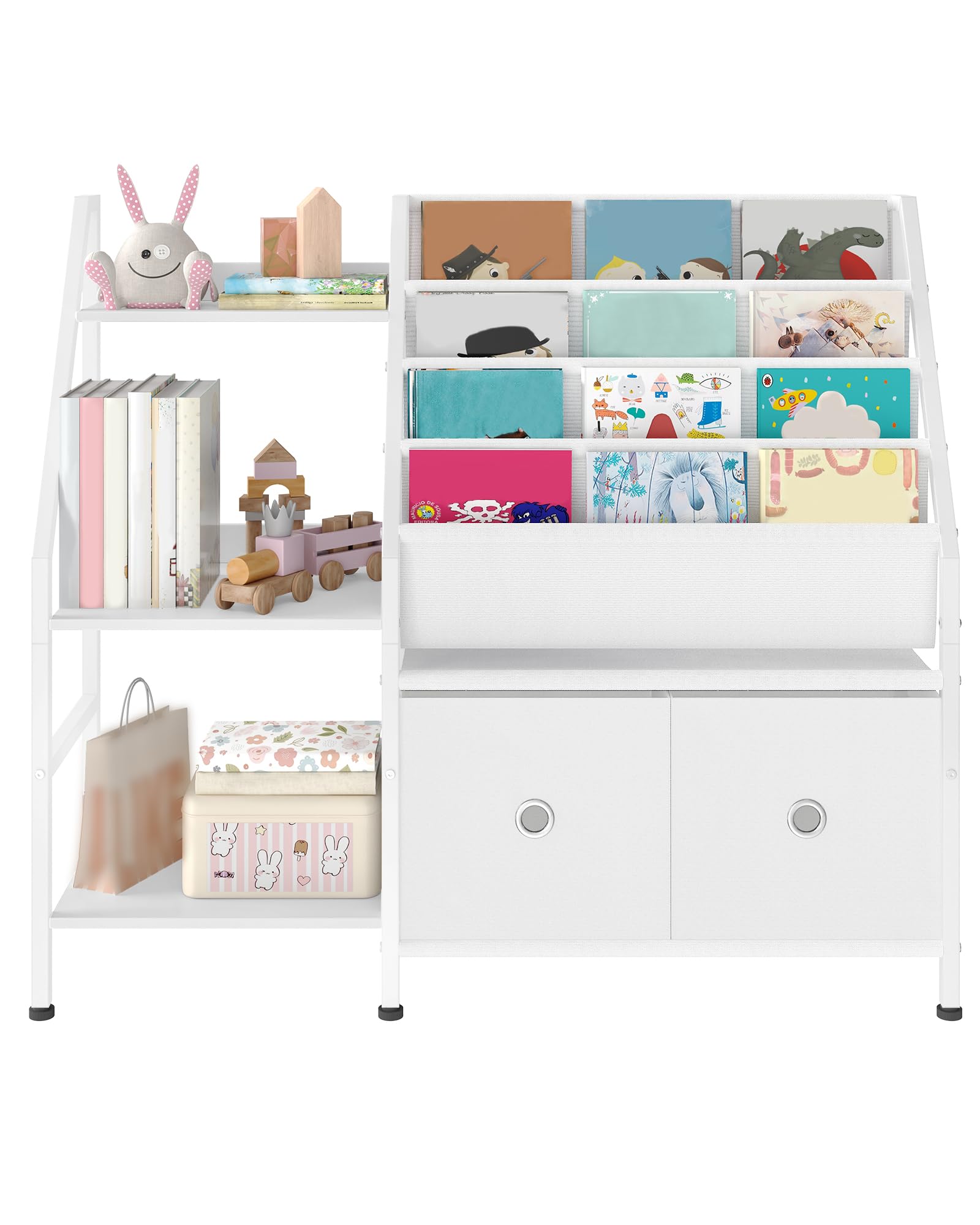 CHOEZON Estantería para niños de 39.4 pulgadas, estantería de 4 niveles para habitación de los niños, estante de libros para niños con estante de almacenamiento de juguetes de 3 niveles y 2 cajones