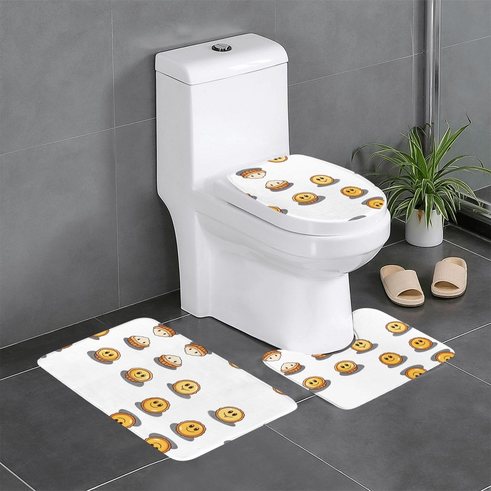 Tapis de salle de bain antidérapants lot de 3 pour toilettes et lavabo 61x40cm motif tarte aux œufs