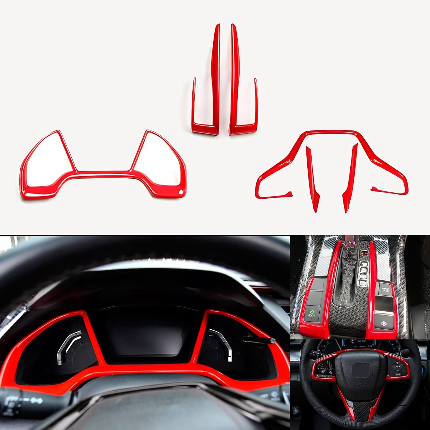 for Honda 10th Gen Civic 2016 2017 2018 2019 2020 Dash Board Instrument Panel Dashboard Trim Cover Steering Wheel Trims Accessories 6pcs(Set-C)