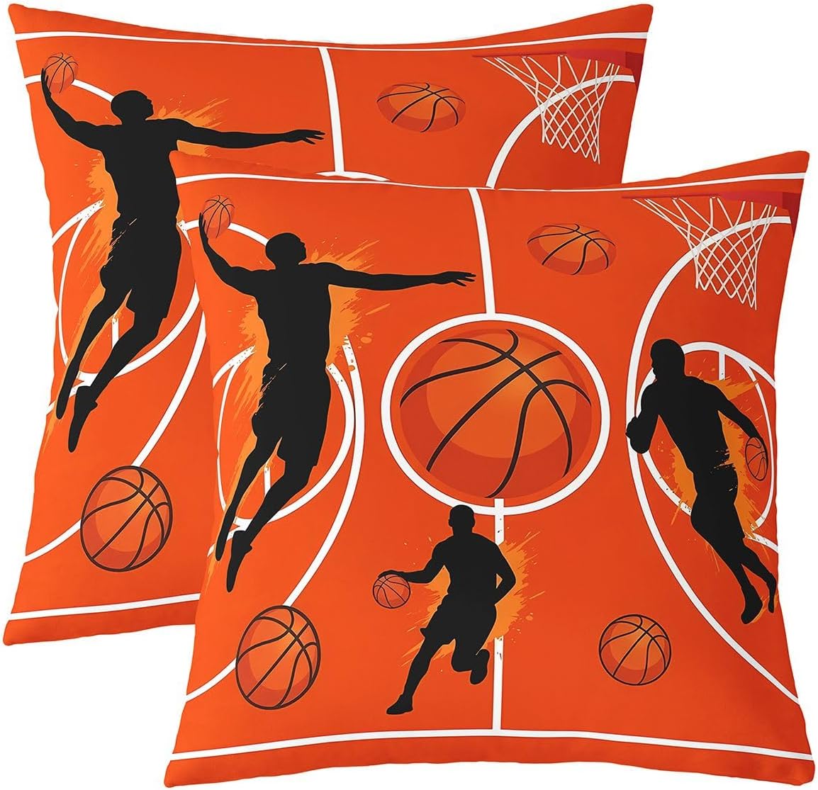 Graffiti Basketball Throw Pillow Covers (Pack of 2),Orange Court Line Cushion Cover for Kids Girls Boys Ball Sports Gaming Pillow Cases Modern Fashion Living Room Sofa Bed Decor ,16"Lx16"W
