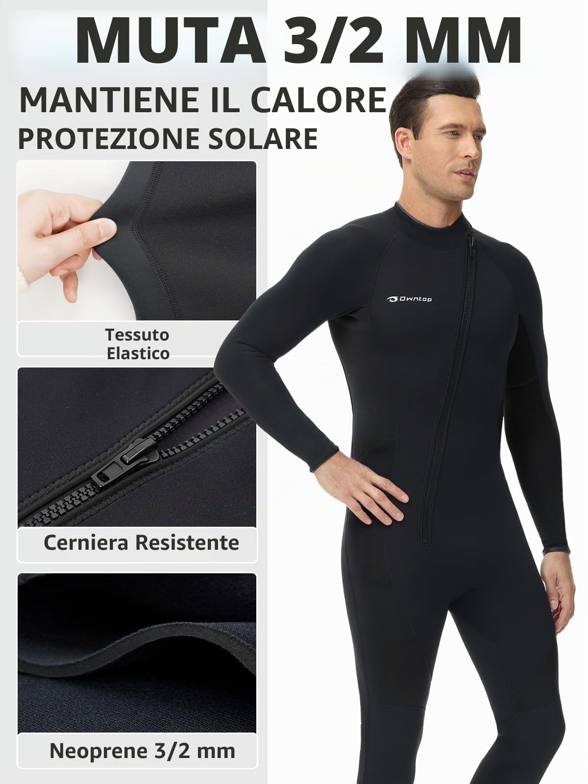 Owntop Muta da Uomo 3/2mm - Muta da Sub Completa con Zip Frontale, Stretch Pro Neoprene Wetsuit Termica Lunghezza Completa per Surf Snorkeling, Uomo Nero XXL | Stretch Pro - Tuta da snorkeling, in neoprene termico a tutta lunghezza per il surf e lo snorke