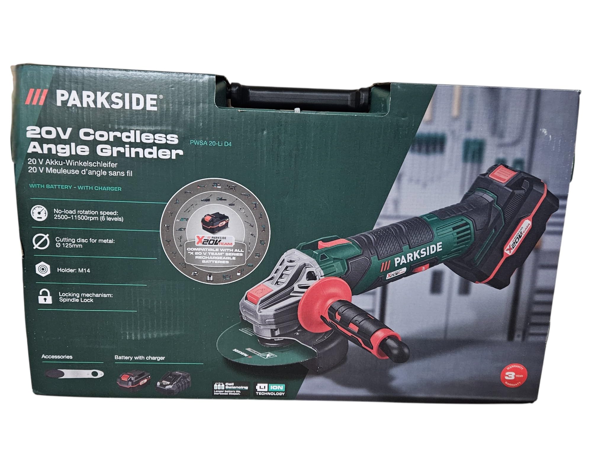 Amoladora angular inalámbrica PWSA B3 X20V (con batería y cargador, en maletín de transporte) Verde