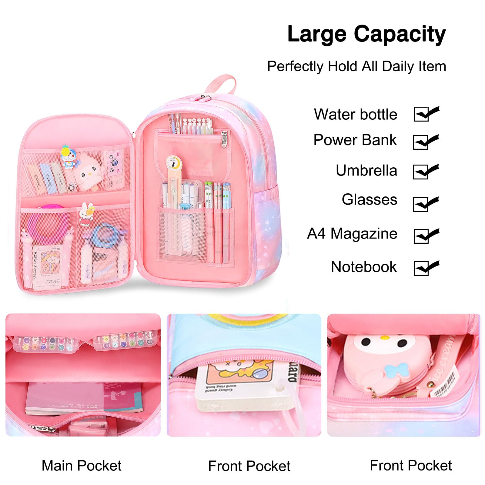 FANDARE Zaino per bambini Cartelle per Scuola Elementare Casual Ragazzi Zainetto per 3-6 Grado Studenti Primarie Viaggiare con Striscia Riflettente Galassia Rosa