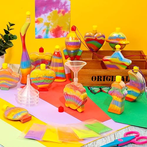 Miniatura 4 de Kits de arte de arena para niños, incluye 182 bolsas de arena de colores, 26 botellas de arte de arena transparente, 26 embudos, crea tus propias