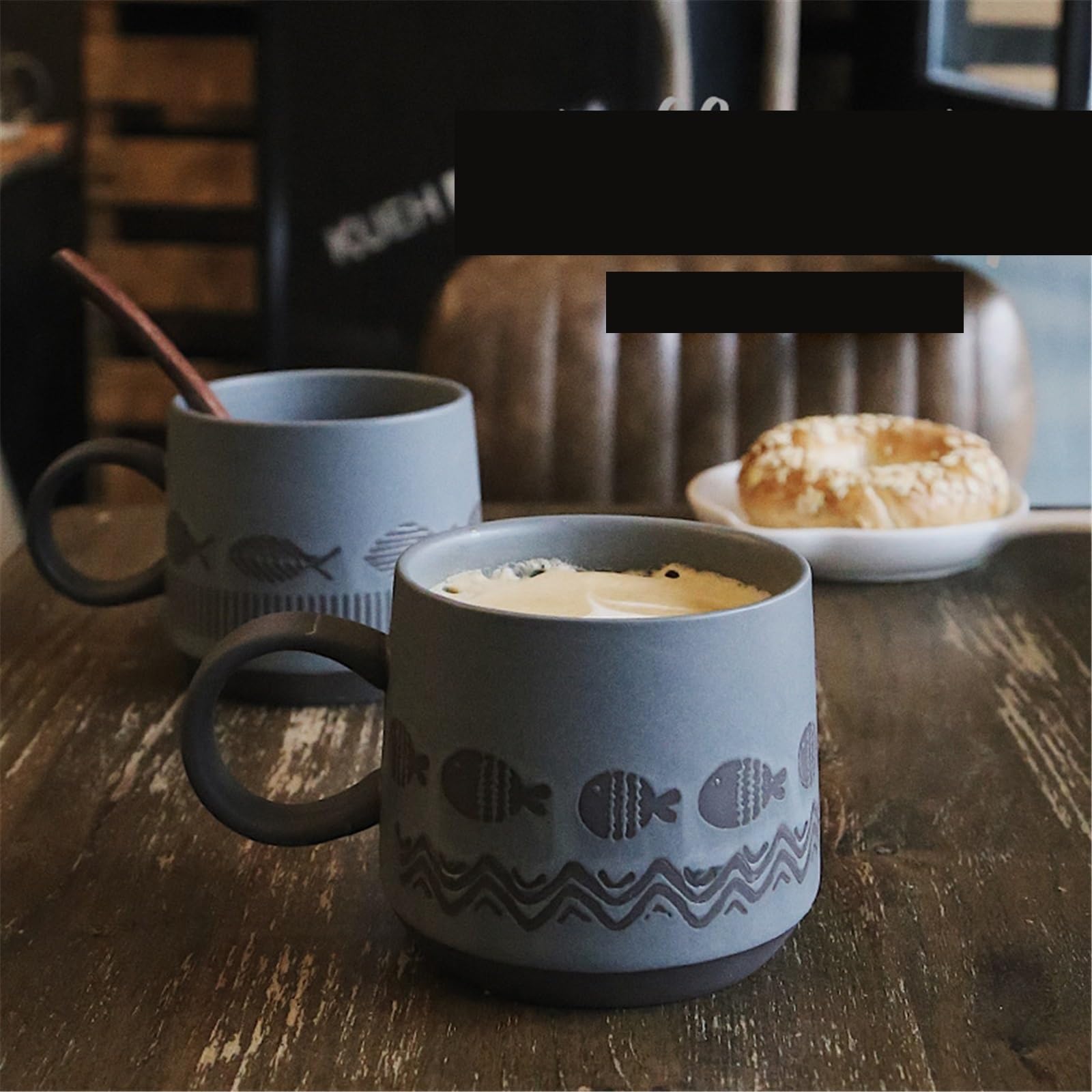 Tee Kaffeetasse Mugs Vintage Steinzeug Kaffeetasse gewellt gestreift Fisch Frühstück Haferflocken Becher 450ml