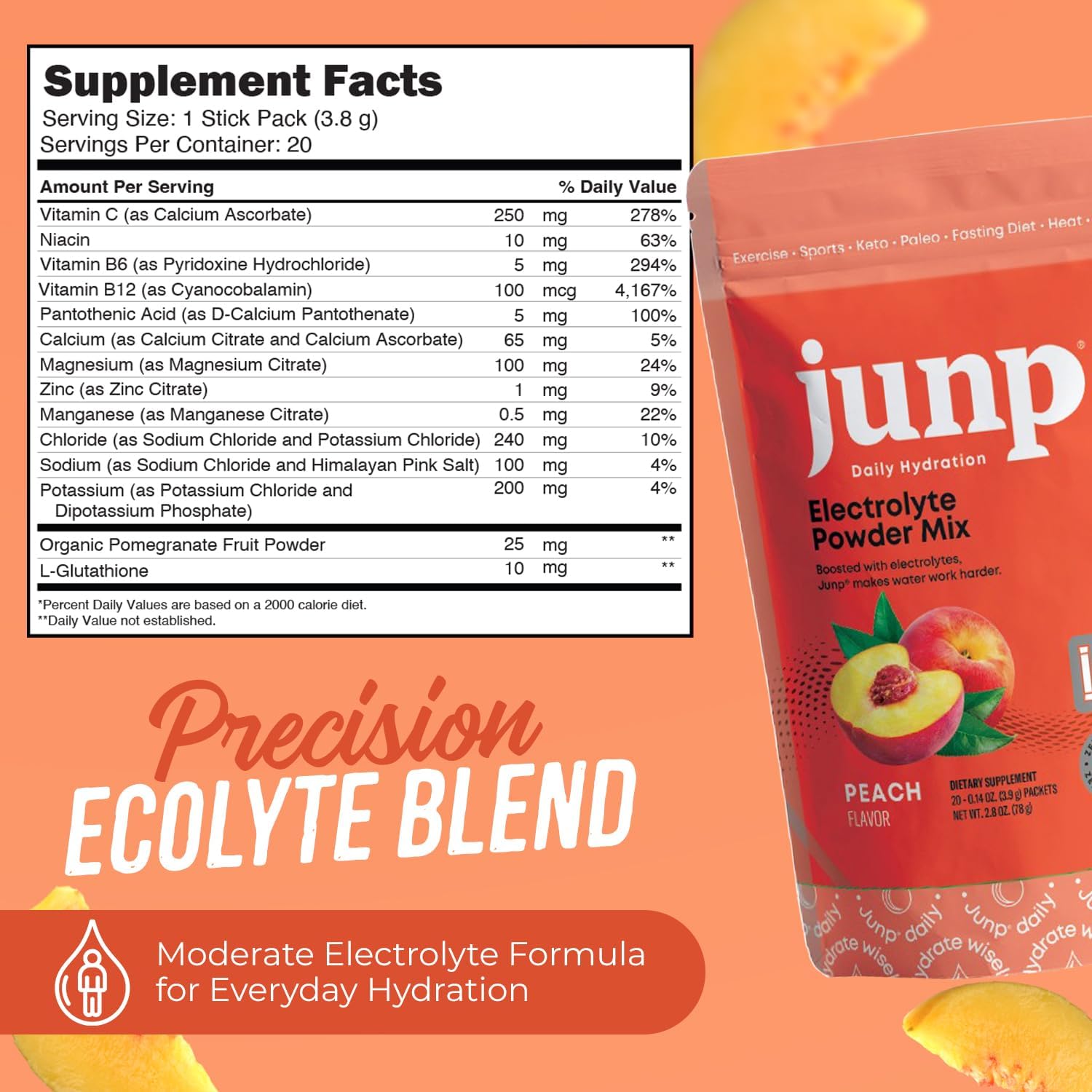 JUNP Sugar Free Electrolytes Powder Packets for Water Instant Hydration Packets with Salt & Potassium, Zero Calorie, No Carbs No Sugar Electrolyte Drink Mix Sticks, Keto Friendly, Juicy Peach 20 Pack - Image 6
