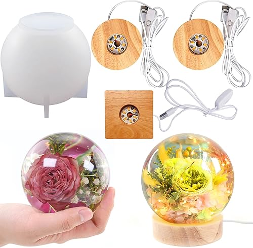 Miniatura 1 de Juego de 4 moldes de resina de luz de esfera grande, incluye molde de silicona de esfera de 4 pulgadas con 3 soportes de base iluminados de madera