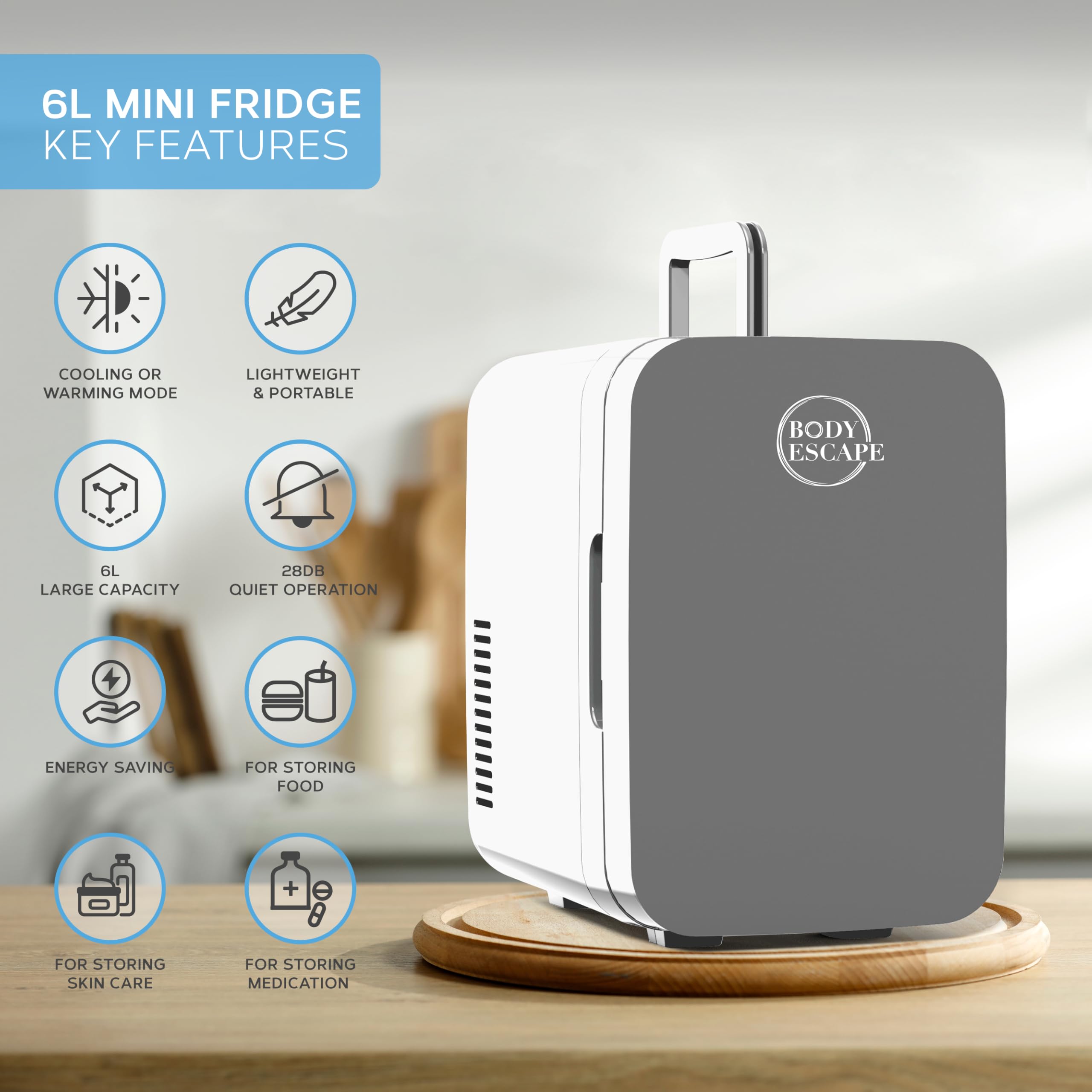 Body Escape Mini Fridge For Skincare & Make-Up - Glass Door Beauty Mini Fridges - Birthday Gifts For Her Skin Care - Portable, Compact, Small & Quiet Skincare Fridge For Makeup - 6L Grey