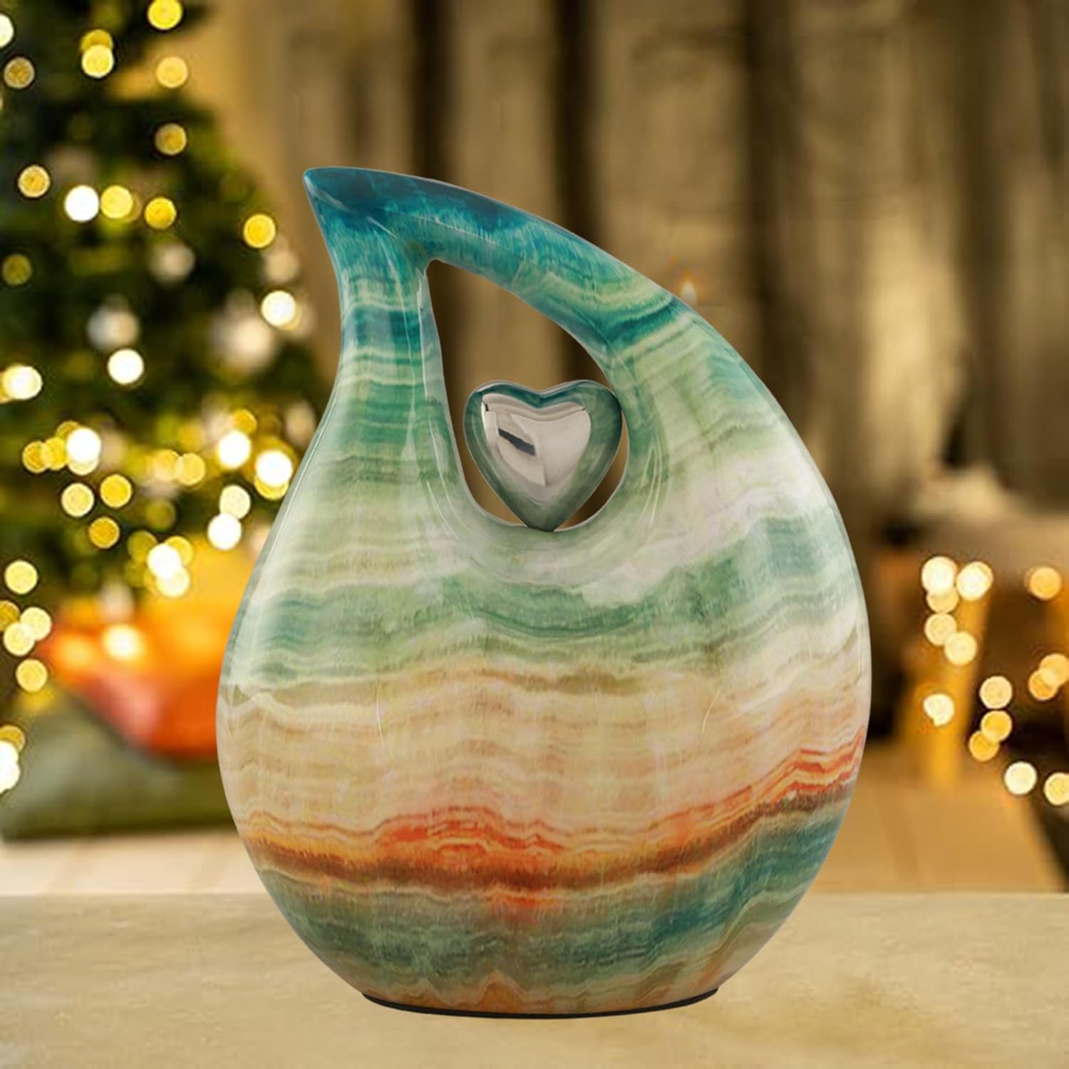Eternal Tear – Loving Heart Teardrop Cremation Urn for Human Ashes – Solid Metal Adult Memorial Urn Holds Ashes Up to 210 lbs – Unique Drop-Shaped Funeral Urn with Velvet Bag (Blue Marsh)