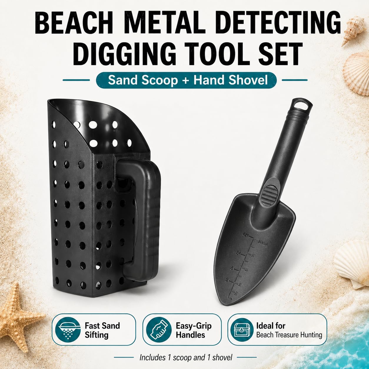 Pelle à Sable Détection Métaux, Pelle Tamis Plage Portable, Détecteur de Métaux Ultra-Léger en Acier Inoxydable