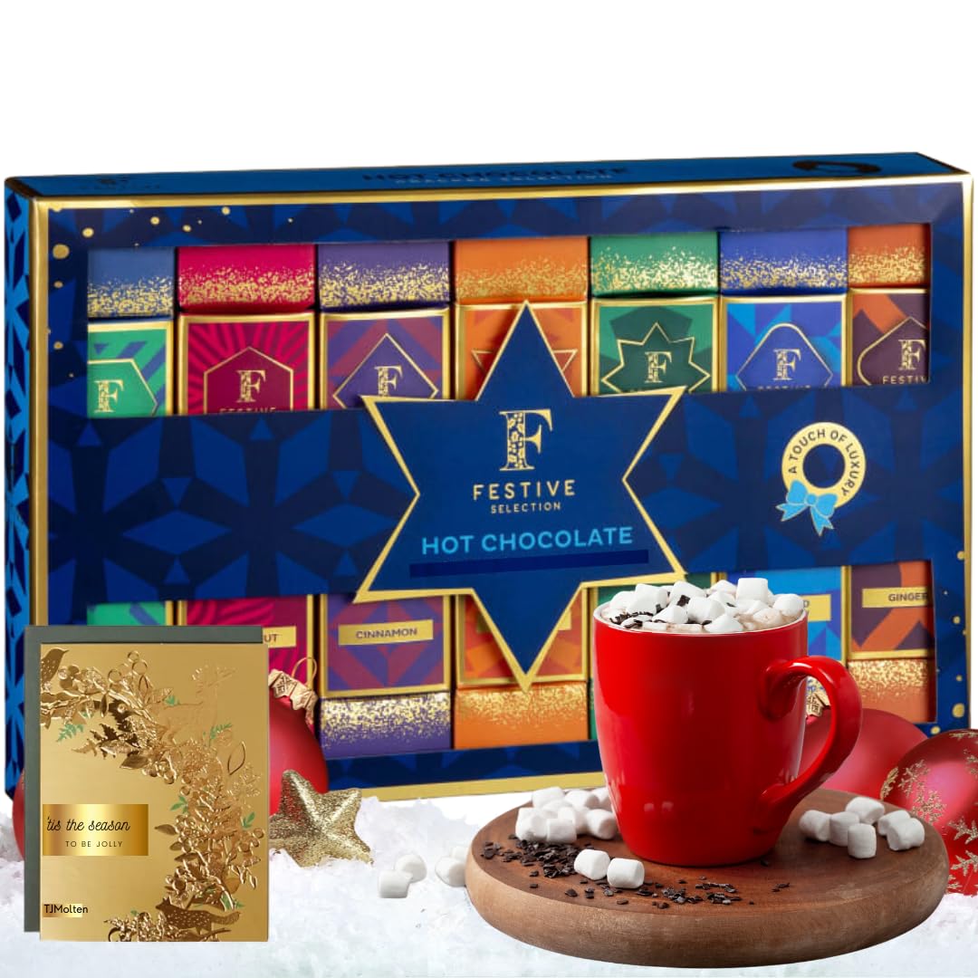 Hot Chocolate Gift Set - Assorted Cocoa Drink Selection in 7 Festive Flavours of Mint, Hazelnut, Cinnamon Caramel Toasted Mallow | Christmas Cracker Gifts for Her, Men 140g