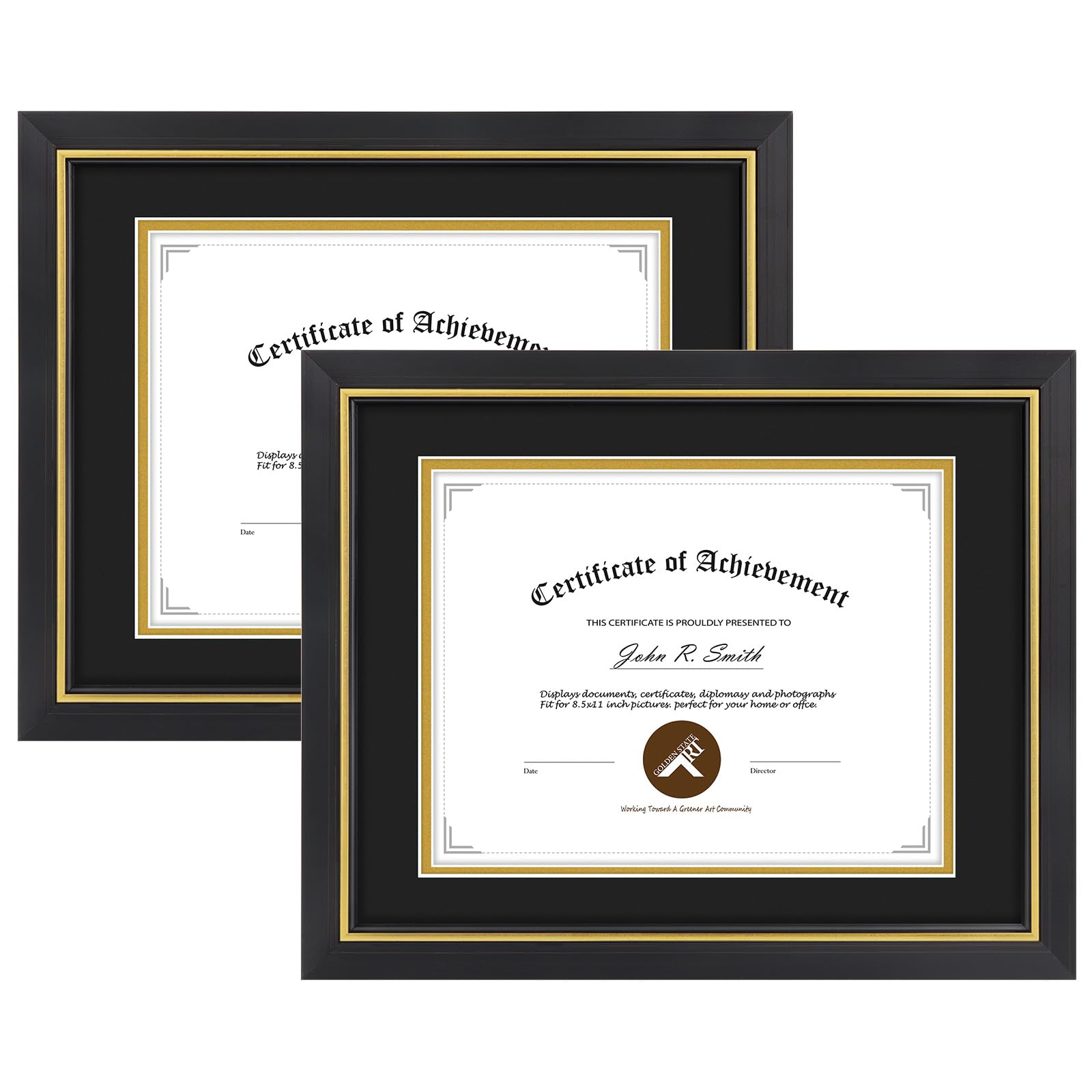 11x14 Diploma Frame Black Gold Trim Fit 8.5x11 with Black W Gold Double Mat