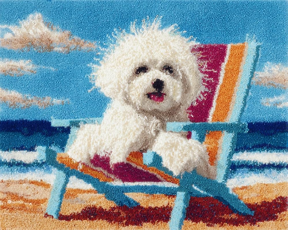 Kitquiver Latch Hook Kits for Adults Rug Bichon Frise Sitting On A Beach Chair DIY with Printed Canvas Crochet Yarn Handmade Embroidery Crafts Crochet for Home Decoration 31X45In