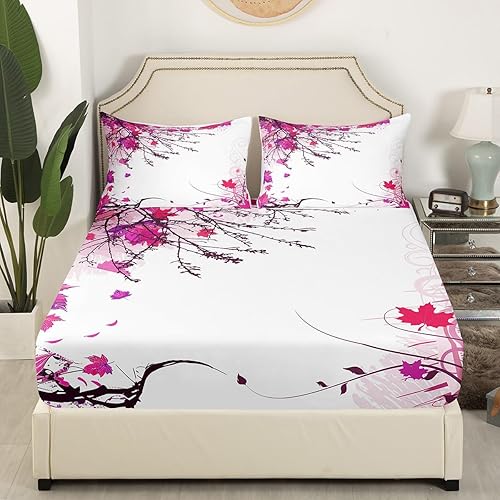 Miniatura 4 de Juego de sábanas de hojas de arce tamaño King, juego de sábanas de hojas de otoño púrpura y rojo, ropa de cama de otoño y Acción de Gracias, sábanas