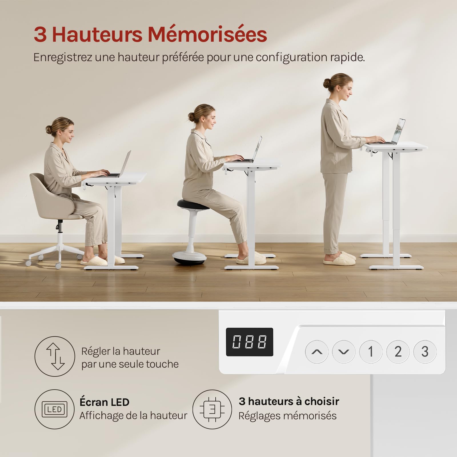 WOLTU Bureau Assis Debout, Bureau Réglable en Hauteur Électrique, 72-118 cm, avec 3 Hauteurs de Mémoire, Réglage en Continu, 2 Crochets, pour Travail à Domicile et Ordinateur, 80x48 cm, Blanc