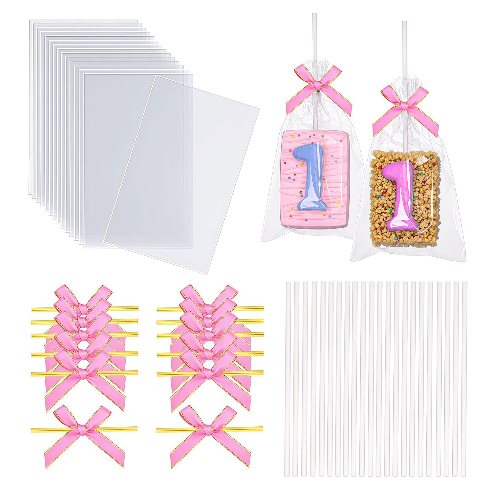 Ruispeed 50Pcs 4X6Inches Clear Rice Krispie Treat Bags With Sticks And Ties Bows Rice Kit Cakesicle Bags Individually Wrapped Packaging For Marshmallow Mcaron Pop Candy Apple Cookies Cake Ore Pop