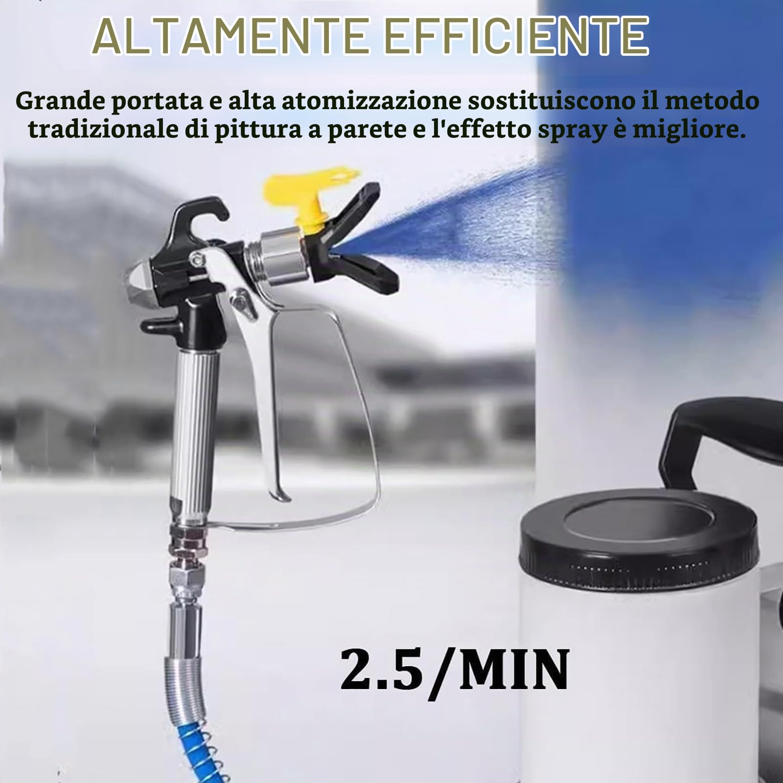 Pistola Airless Professionale 1600W, Verniciatore A Spruzzo, Portata 2500 Ml/min, con Tubo da 5 M, Macchina per Spruzzatura di Vernice Tre velocità Regolabili