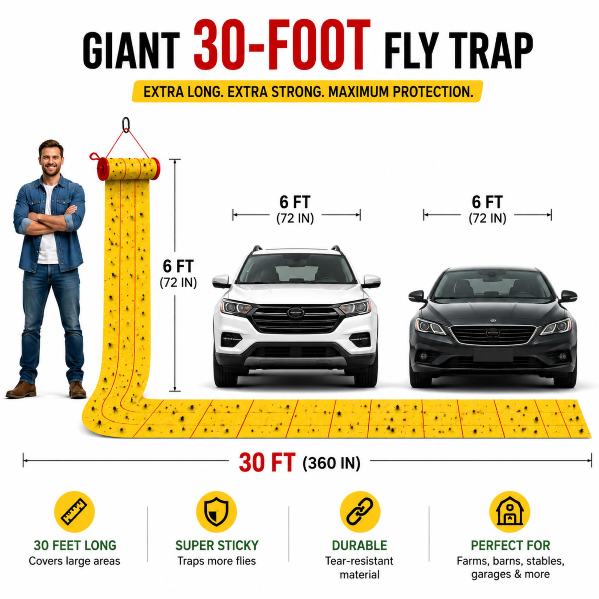 Qualirey Nastro adesivo gigante per volo, per interni ed esterni, non tossico, per frutta, faggio, zanzare, casa, cavalli, stalla (9,1 m, giallo, 5 pezzi)