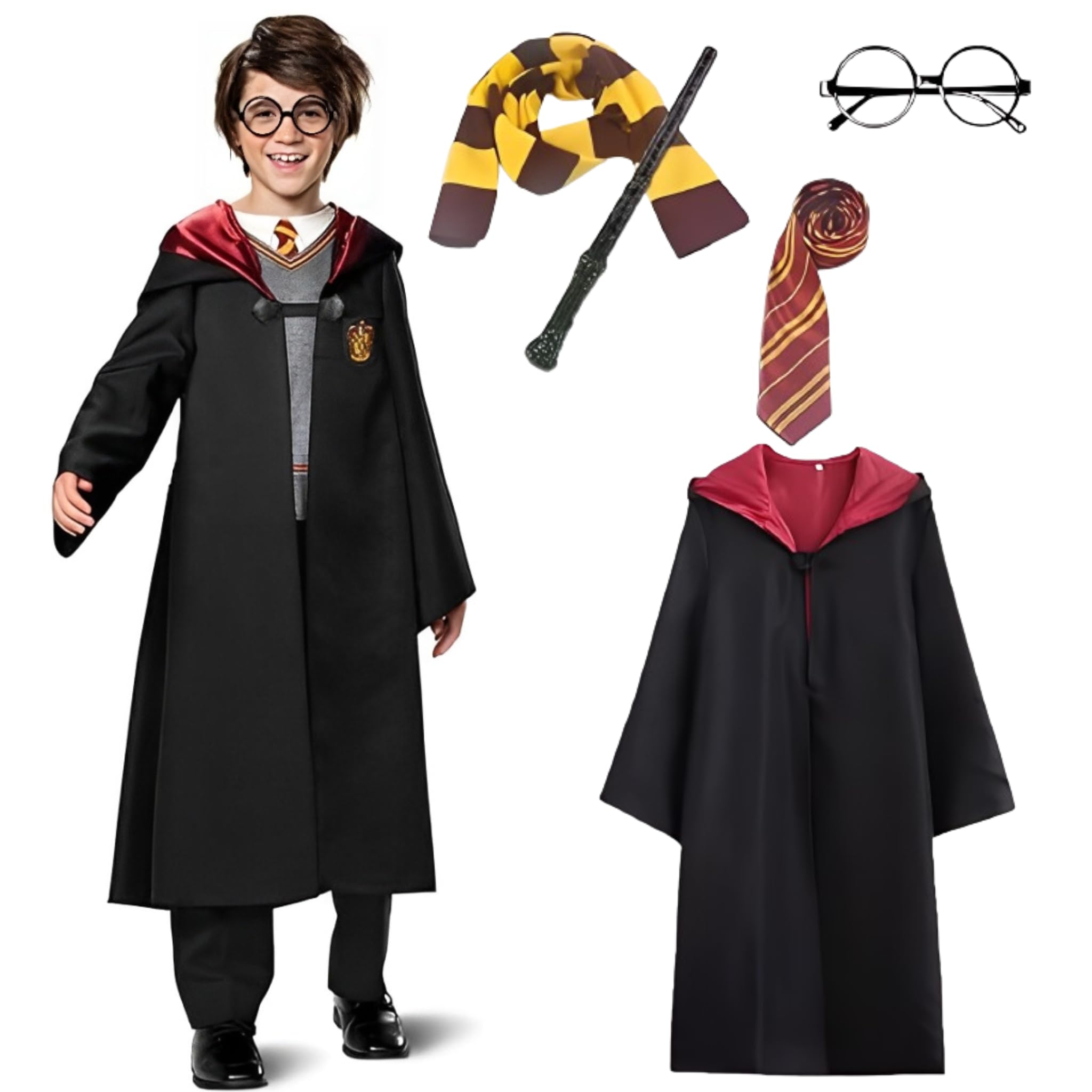 WP WANNA PARTY Polyester Harry The Magician Costume Combo Including Robe, Magic Wand,Tie, Scarf & Glasses For Kids 8-10 Years - Size L, Brown