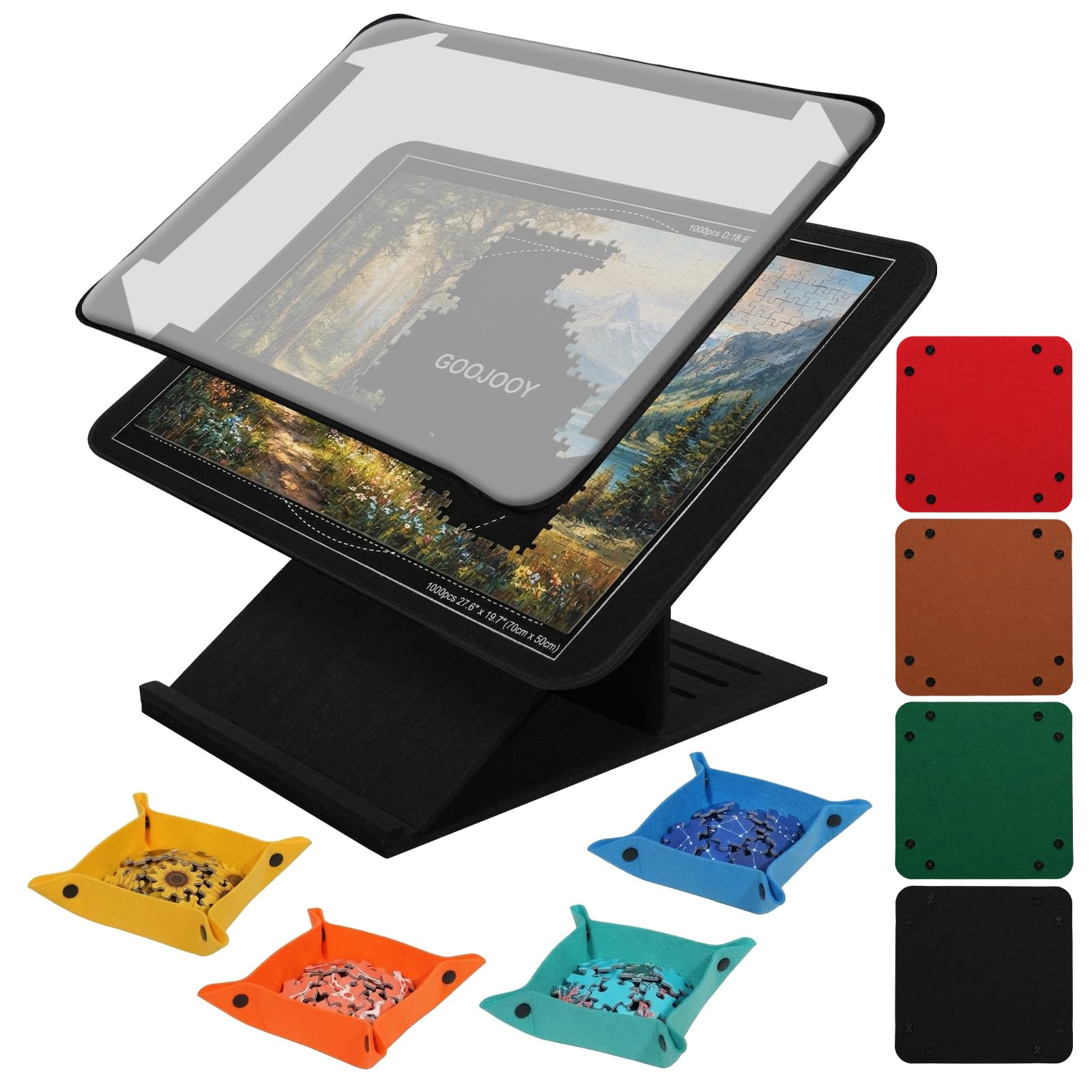 Plateau Puzzle 1000 Pièces avec Support Réglable Breveté à 5 Niveaux (33°, 31°, 28°, 23°, 17°), Planche Puzzles en Feutre avec 8 Trieurs et Couvercle, Antidérapante, Légère, Portable