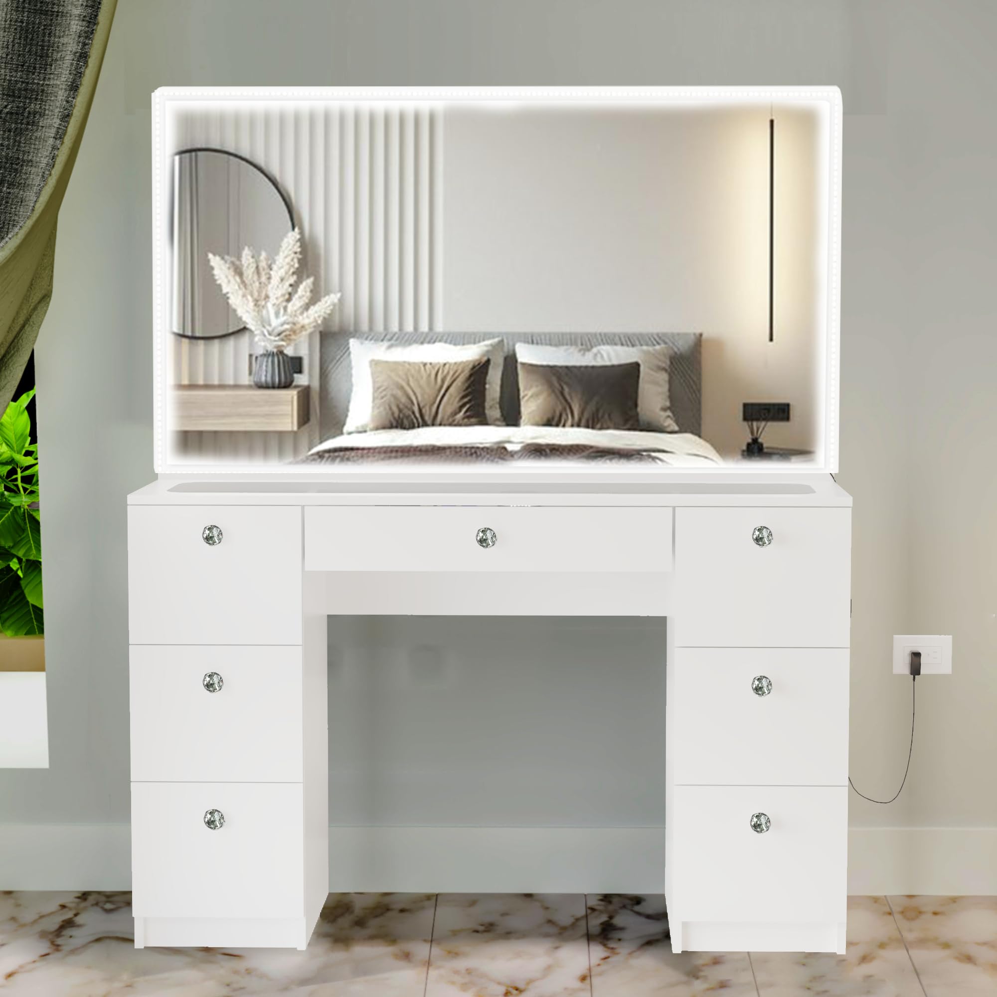 White Makeup Vanity Desk with Mirror and Lights, 7 Drawers, Glass Top, Hollywood Wide Mirror, Vanity Set with LED Lights, Crystal Knobs, Dresser for Bedroom 