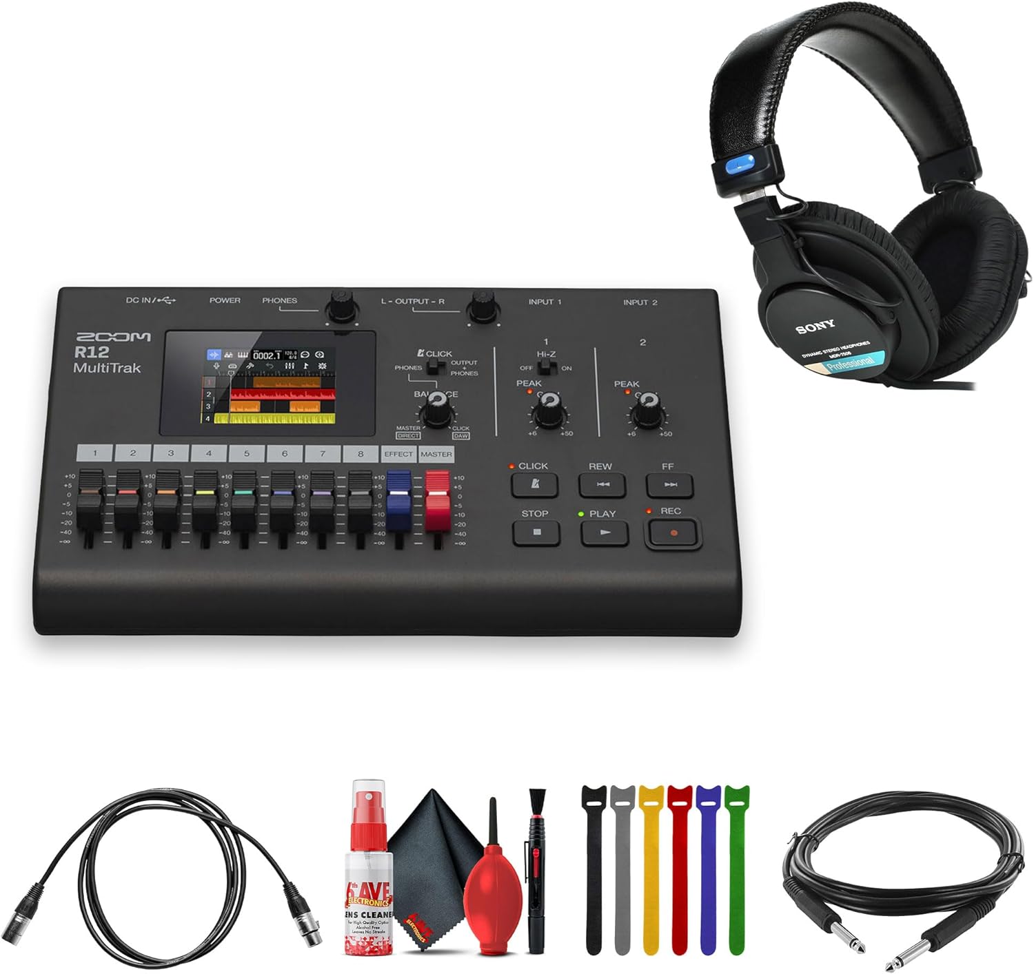 Zoom R12 MultiTrak Portable Recorder and Control Surface Bundle with MDR-7506 Professional Stereo Headphones + XLR Cable + Cleaning kit + Balanced Interconnect 1/4 inch TRS to Same Cable