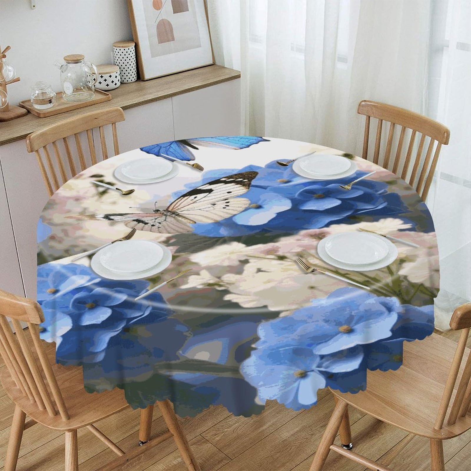 Btcowzrv Style Hydrangeas Daisies Butterflies Polyester Round Tablecloth 59.84 Inch, Decorative Washable Table Cover, Table Cloth For Restaurant Picnic Indoor And Outdoor Dining